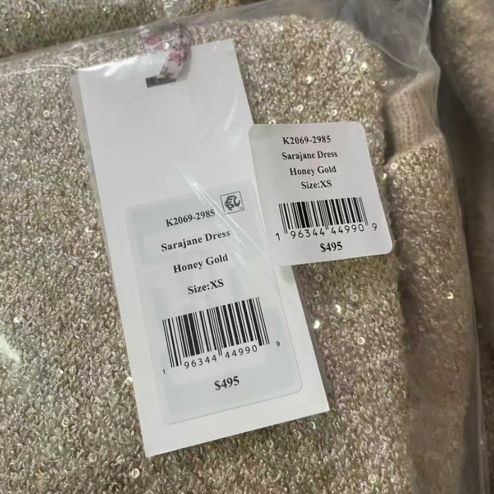 NWT LoveShackFancy Sarajane Sequin Stretch Knit Mini Dress Honey Gold Holiday - Picture 12 of 16